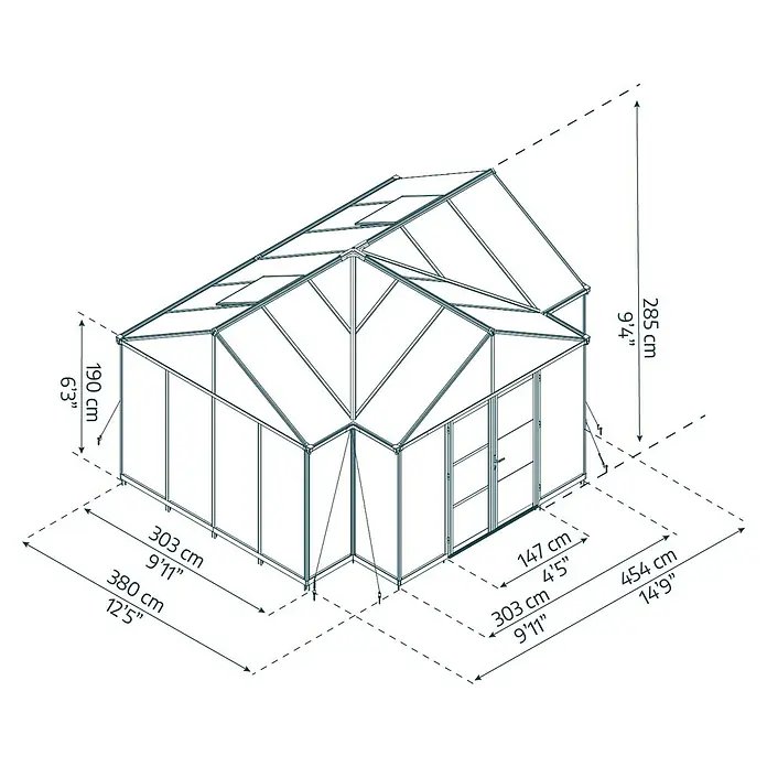 Palram – Canopia Invernadero Triomph Orangery - Medidas ext. (An x Pr): 454 x 380 cm, Material de la pared lateral: Plástico, 2 mm, Antracita - Ilustración de un invernadero con dimensiones que indican altura, longitud y anchura en centímetros y pies.