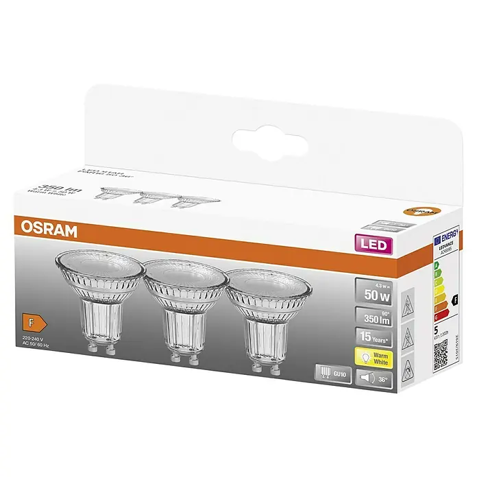 Osram Star LED-Lampen Set Reflektor GU10 - GU10, Nicht Dimmbar, Warmweiß, 350 lm, 4,3 W, 3 Stk. - Eine Osram LED-Lampe in einer 3er-Packung, die effiziente und langlebige Beleuchtung für Ihr Zuhause bietet.