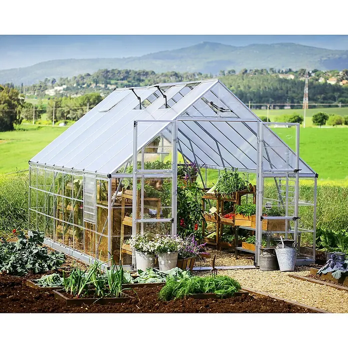 Palram – Canopia Invernadero Balance - Medidas ext. (An x Pr): 304 x 484 cm, 0,7 mm, Plateado - Un invernadero espacioso con estantes para plantas, rodeado de una exuberante vegetación y un jardín bien cuidado.