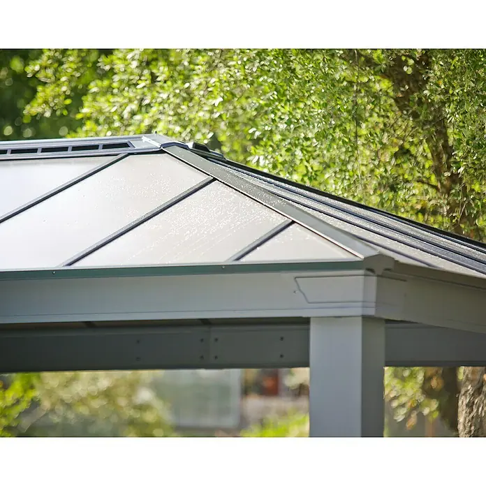 Palram – Canopia Standard-Pavillon Dallas - B x T: 425 x 611 cm, Material Gestell: Aluminium, Anthrazit - Detailansicht des Pavillondachs mit Regentropfen. Die graue Metallkonstruktion und die transparenten Paneele sind gut sichtbar.
