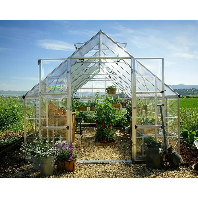 Palram – Canopia Invernadero Balance - Medidas ext. (An x Pr): 304 x 484 cm, 0,7 mm, Plateado - La imagen muestra un invernadero lleno de plantas. El invernadero, construido de vidrio y metal, ofrece un espacio amplio.