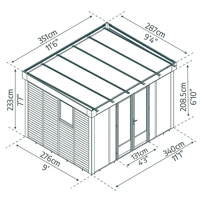 Palram – Canopia Caseta de jardín Copenhaguen - Medidas ext. (An x Pr): 351 x 287 cm, Plástico, Negro - Dimensiones y diseño de la caseta de jardín, representadas en un dibujo técnico con medidas detalladas.