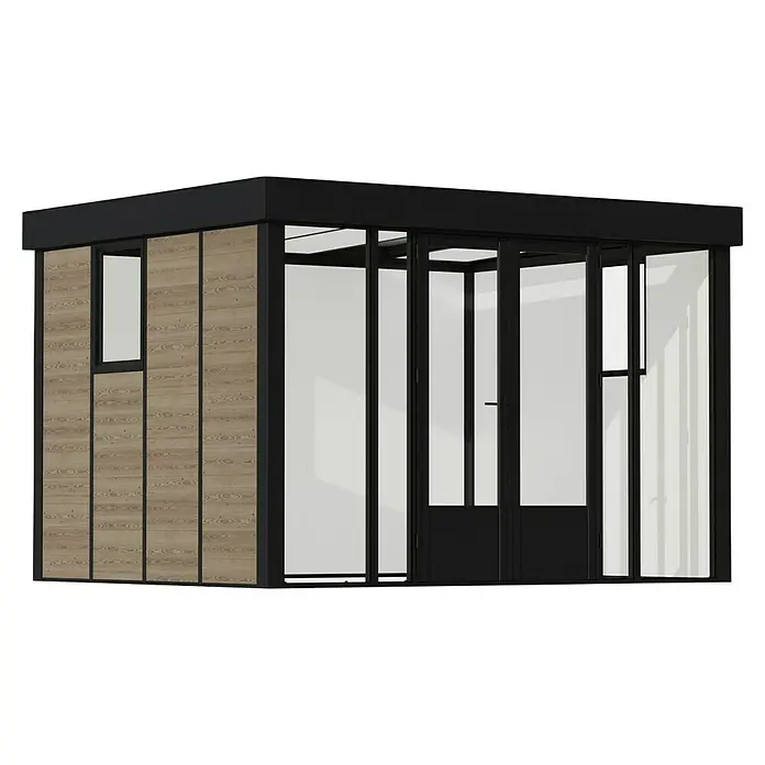 Palram – Canopia Caseta de jardín Copenhaguen - Medidas ext. (An x Pr): 351 x 287 cm, Plástico, Negro - Imagen de una moderna caseta de jardín con paneles de madera y marcos negros. La caseta de jardín ofrece mucha luz natural a través de grandes ventanas.