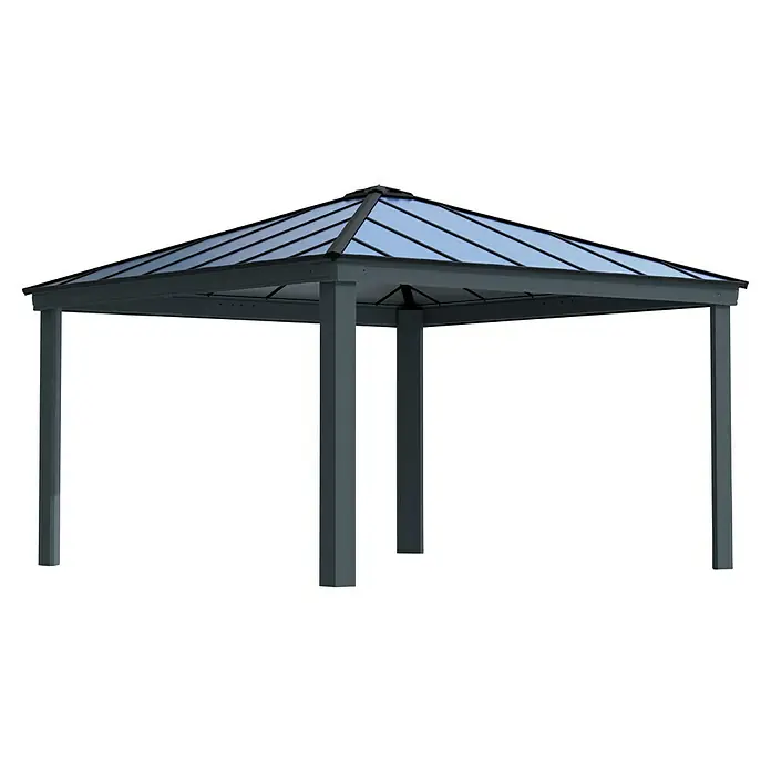 Palram – Canopia Standard-Pavillon Dallas - B x T: 422 x 422 cm, Material Gestell: Aluminium, Anthrazit - Eine graue Pavillonstruktur mit einem transparenten Dach, die Schutz und einen modernen Look für den Außenbereich bietet.