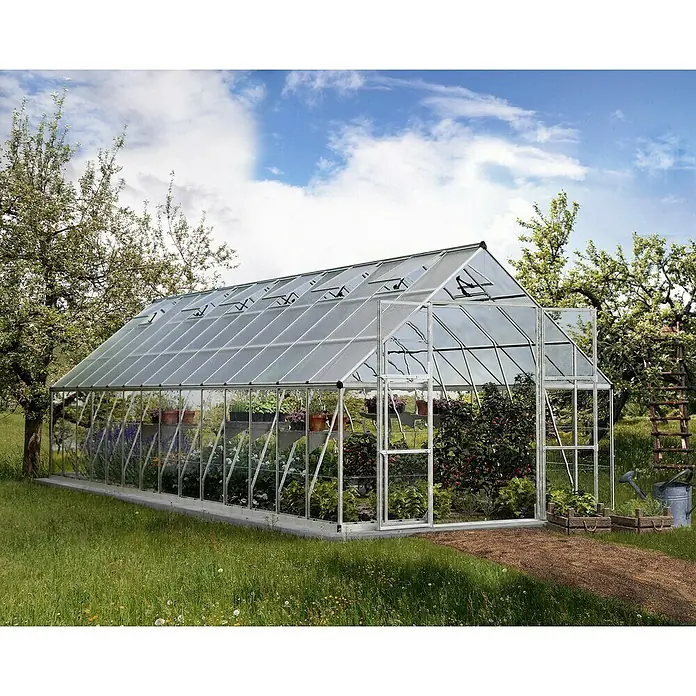 Palram – Canopia Invernadero Balance - Medidas ext. (An x Pr): 304 x 844 cm, 0,7 mm, Plateado - Un invernadero espacioso lleno de plantas, enclavado en un entorno de jardín verde y exuberante bajo un cielo parcialmente nublado.