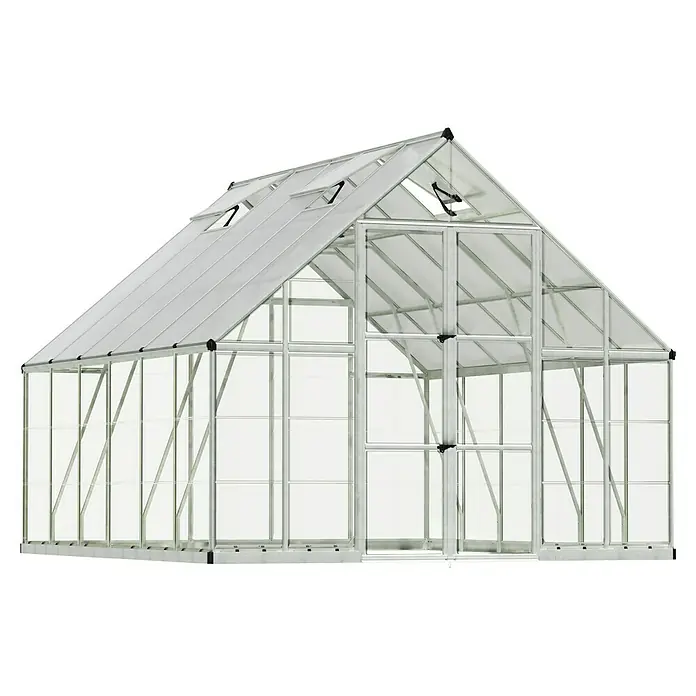 Palram – Canopia Invernadero Balance - Medidas ext. (An x Pr): 304 x 366 cm, 0,7 mm, Plateado - Vista de un invernadero plateado con paredes transparentes y techo a dos aguas con ventanas de techo.