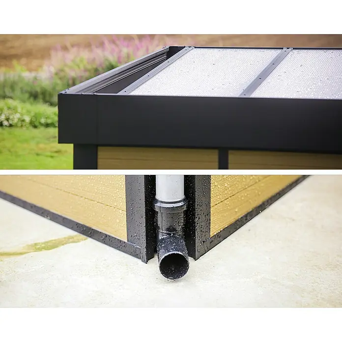 Palram – Canopia Caseta de jardín Copenhaguen - Medidas ext. (An x Pr): 351 x 287 cm, Plástico, Negro - Primer plano de una estructura de pabellón moderna con escorrentía de agua, ideal para jardines y patios.
