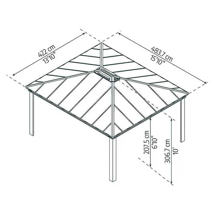 Palram – Canopia Standard-Pavillon Dallas - B x T: 422 x 484 cm, Material Gestell: Aluminium, Anthrazit - Abbildung eines Pavillons mit Maßangaben zu Höhe und Breite in Zentimetern und Fuß.