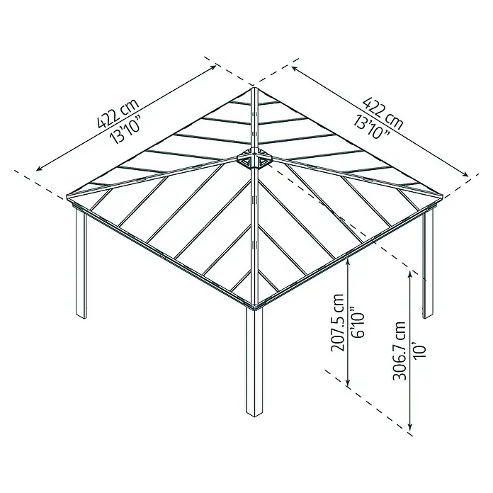 Palram – Canopia Standard-Pavillon Dallas - B x T: 422 x 422 cm, Material Gestell: Aluminium, Anthrazit - Eine detaillierte Skizze eines Pavillons mit Maßangaben zu Höhe und Dachlänge.