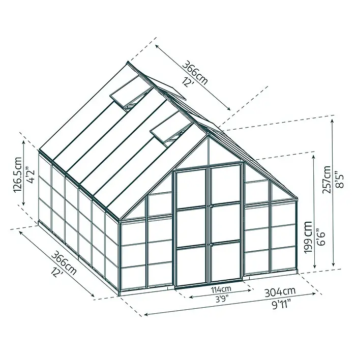 Palram – Canopia Invernadero Balance - Medidas ext. (An x Pr): 304 x 366 cm, 0,7 mm, Plateado - Dibujo en perspectiva de un invernadero con dimensiones de longitud, anchura y altura.
