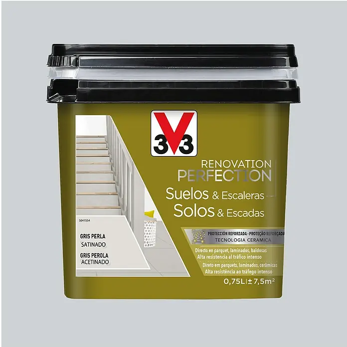 V33 Esmalte de color Renovation Perfection suelos de cerámica - Gris perla, Satinado, 750 ml - Un cubo de pintura V33 Renovación Perfection para suelos y escaleras en color Gris Perla Satinado, ideal para uso intenso.