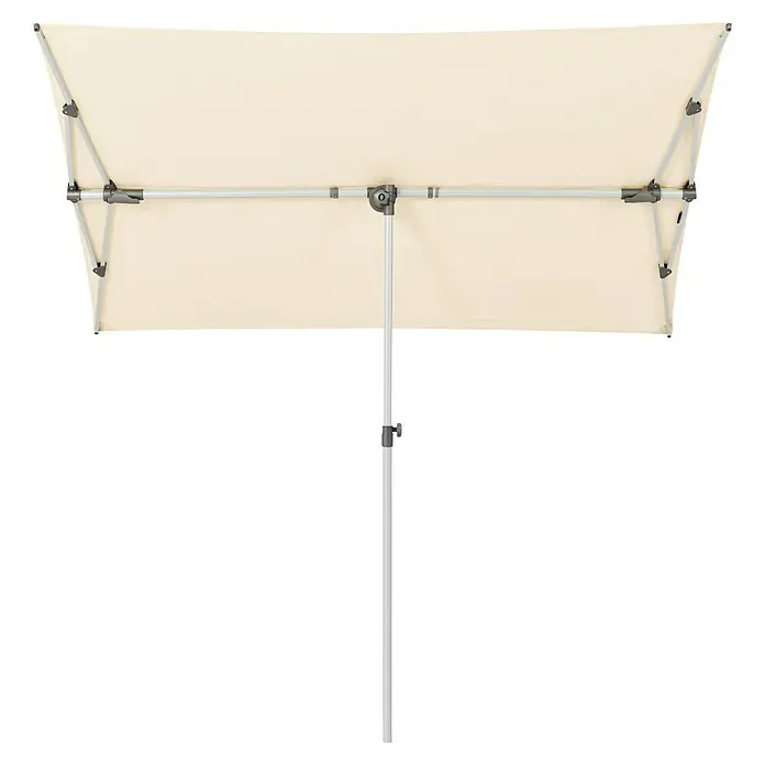 Suncomfort Parasol de balcón Flex Roof - Crudo, 210 x 150 cm, Aluminio - Una sombrilla rectangular con tela de color crema y estructura plateada. Ideal para el jardín o la terraza.