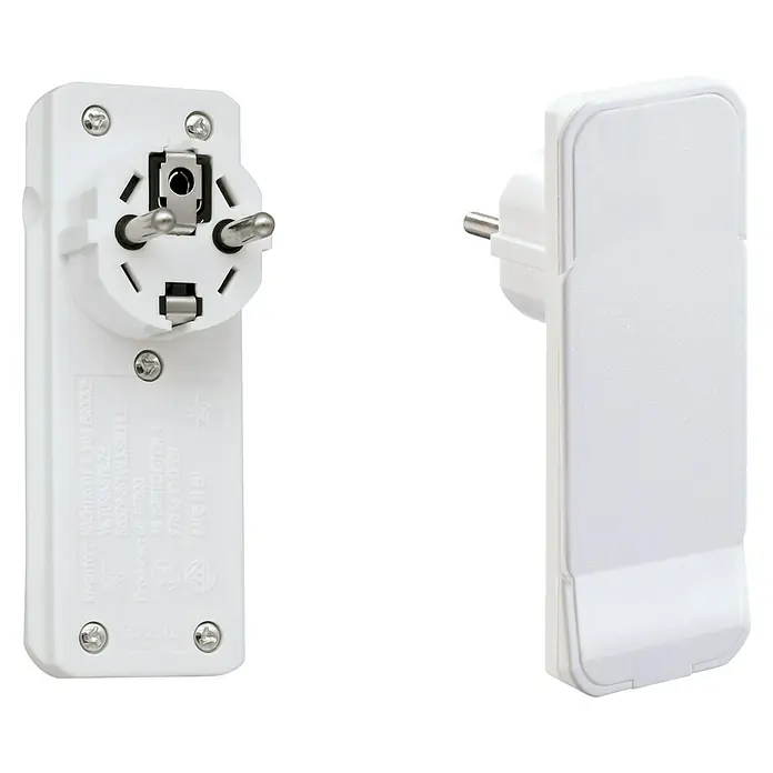 Schuko-Stecker FlatPlug Flachstecker - Weiß, 250 V - Ein detailliertes Bild eines weißen Reisesteckers, der sowohl von vorne als auch von der Seite präsentiert wird, um seine Funktionalität zu zeigen.