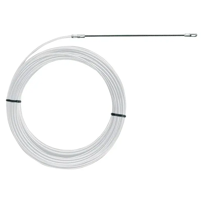 Einziehband - Nylon, 10 m - Das Bild zeigt eine Glasfaserkabeltrommel, die in einer Schlaufe aufgerollt ist, mit einem geraden Kabelstück, das mit einem Metallverschluss versehen ist.