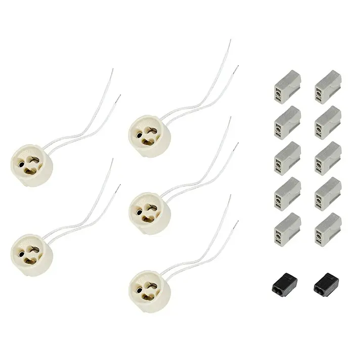 Umrüst-Set - 5 x GU10 Keramik-Sockel, 10 x 1-polige Leuchtenklemme, 2 x 2-polige Steckklemme - Produktansicht von Lampenfassungen mit Kabeln und Verbindungsklemmen, ideal für die Installation von Leuchten.