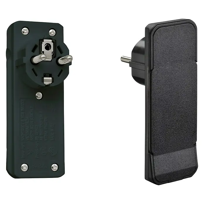 Schuko-Stecker FlatPlug Flachstecker - Schwarz, 250 V - Steckdosenadapter mit Schutzkontaktstecker und flachem Design für enge Platzverhältnisse. Ideal für Reisen und Zuhause.