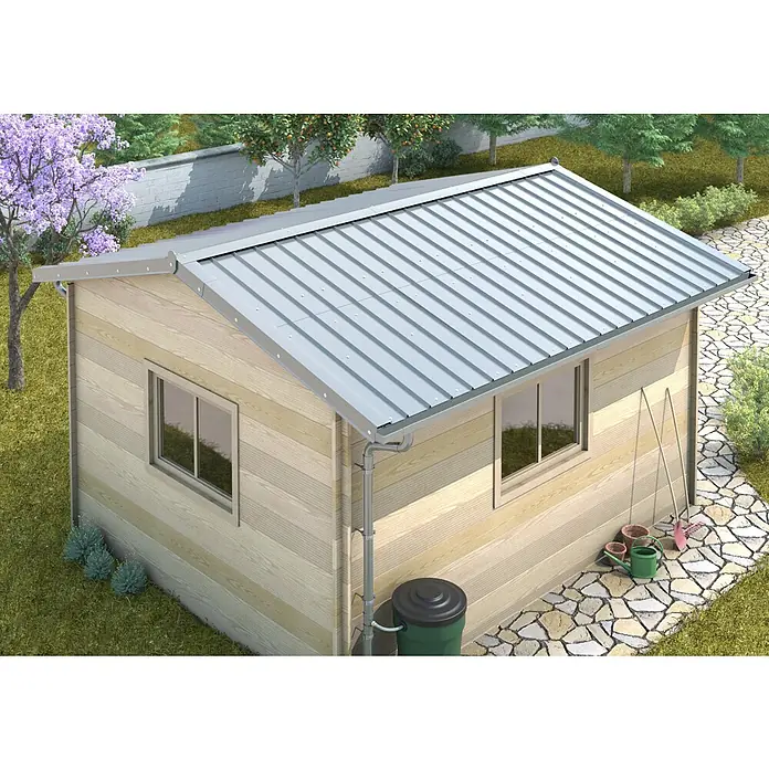 Sarei Piccolo Dachblech Fassadenblech - 118 cm x 58,5 cm x 0,6 mm, Natur - Moderne Gartenlaube mit Holzfassade und Metalldach, umgeben von Grün. Praktisch und stilvoll für jeden Garten.