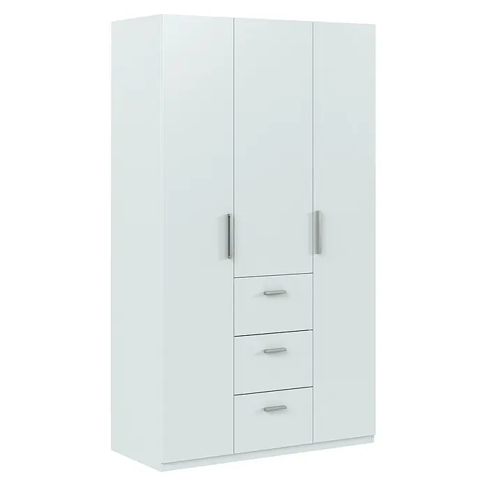 Armario para ropa Ward - L x An x Al: 52 x 117 x 203 cm, Blanco - Un armario blanco con cuatro puertas y tres cajones. Las manijas son plateadas.