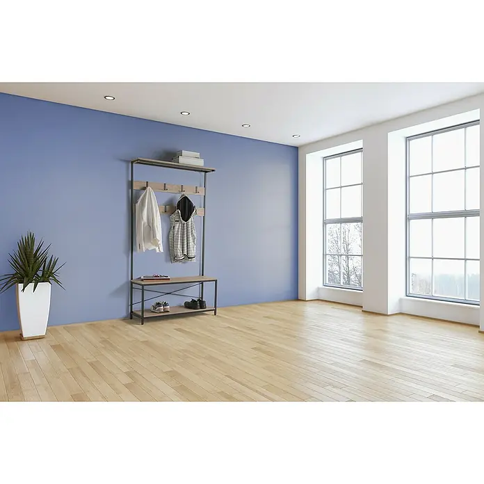 Perchero - L x An x Al: 35 x 100 x 180 cm, Negro/Haya - Un pasillo con una pared azul claro, un perchero, una planta y dos ventanas que dejan entrar mucha luz natural.