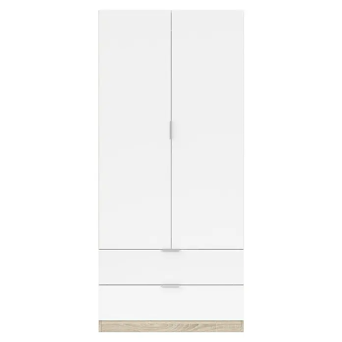 Armario para ropa LCX222 - L x An x Al: 52 x 81 x 180 cm, Blanco/Roble - Primer plano de un elegante armario blanco con dos cajones y base de madera clara, que ofrece una estética moderna para cualquier habitación.