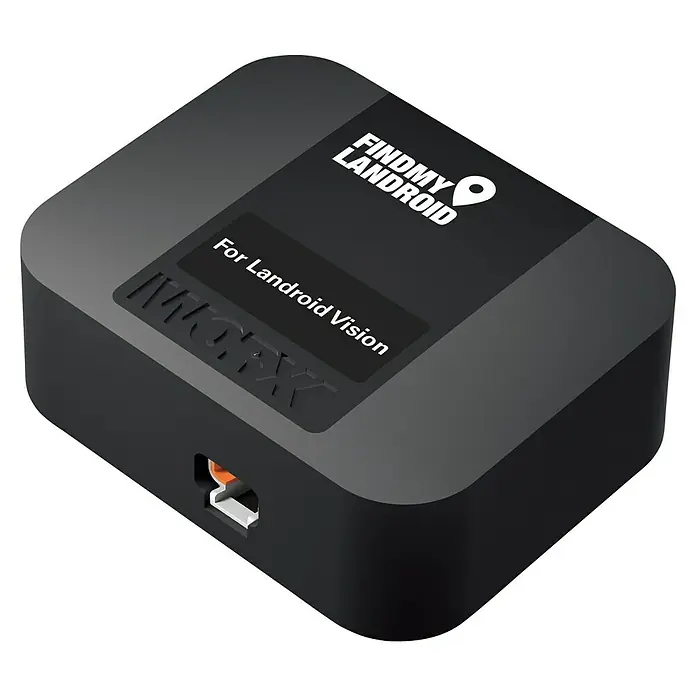 Worx Landroid Diebstahlsicherung für Mähroboter Find my Landroid - Worx Mähroboter Vision - Schwarze Worx Findmy Landroid Box mit Aufschrift "For Landroid Vision" und USB Anschluss, ein Zubehör für den smarten Gartenhelfer.