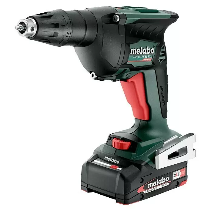 Metabo CAS 18V Akku-Trockenbauschrauber TBS 18 LTX BL 5000 - 18 V, 2 Akkus, 2 Ah - Metabo Akku-Schrauber in Grün, Schwarz und Rot, mit eingesetztem Bit und Akku.