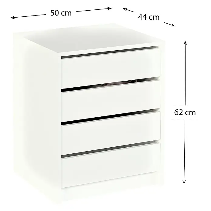 Meka Block Cajonera K-9463 - L x An x Al: 44 x 50 x 61,4 cm, Blanco, Número de cajones: 4 ud. - Cómoda blanca con cuatro cajones, dimensiones 50 cm de ancho, 44 cm de profundidad y 62 cm de altura. Solución de almacenamiento ideal.