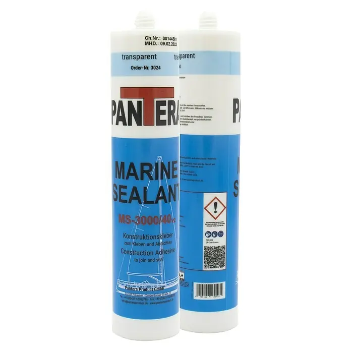 Pantera Konstruktionskleber MS-3000/40 V2 - 290 ml, Transparent - Abbildung einer Tube Pantera Marine Sealant MS-3000/40, ein Konstruktionsklebstoff zum Kleben und Abdichten für den Marinebereich, transparent.