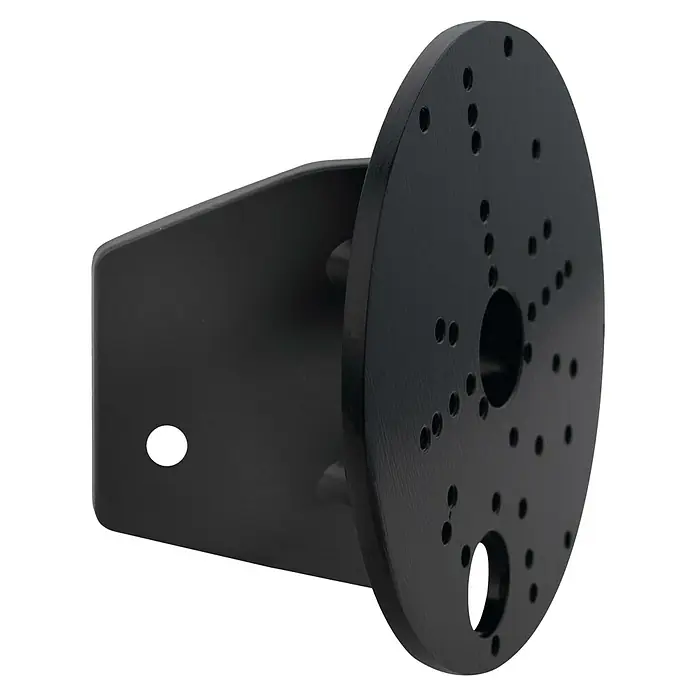 Starlux Eckanbindung - Durchmesser: 12 cm, Schwarz - Nahaufnahme einer schwarzen Halterung mit zahlreichen Löchern auf einer runden Platte, zur sicheren Befestigung von Geräten.