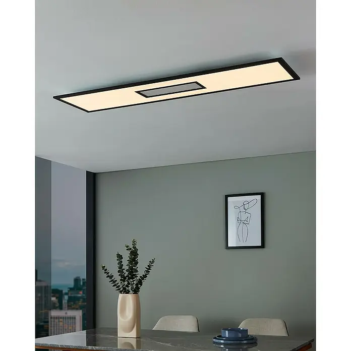 Eglo LED-Deckenleuchte Bordonara - B x L: 295 x 1.195 cm, 35 W, Schwarz, Weiß, RGB - Moderne, rechteckige Deckenleuchte mit schwarzem Rahmen und zentralem Designelement für stilvolle Beleuchtung.