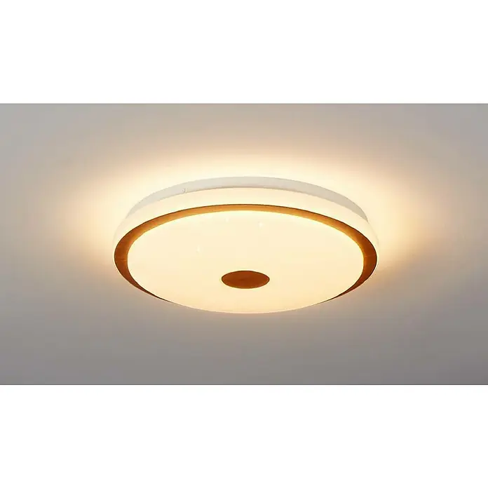 Eglo LED-Deckenleuchte rund Lanciano 1 - Ø x H: 38 x 7 cm, 24 W, Neutralweiß, Weiß/Braun - Diese Nahaufnahme zeigt eine moderne, runde Deckenleuchte mit warmem Licht, weißen und goldfarbenen Akzenten, die eine angenehme Atmosphäre schafft.
