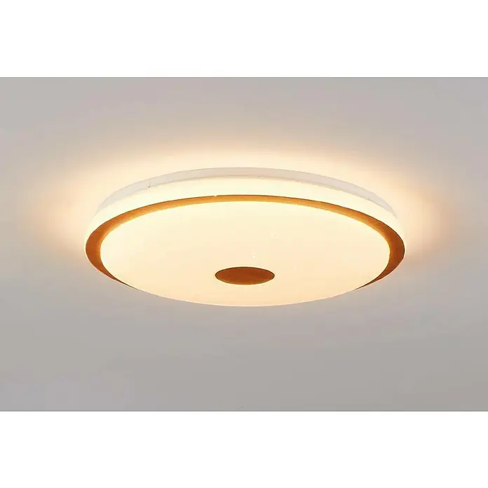 Eglo LED-Deckenleuchte rund Lanciano 1 - Ø x H: 48 x 8 cm, 35 W, Neutralweiß, Braun / Weiß - Moderne Deckenleuchte mit Holzrand und Sternenmuster, die warmes Licht in den Raum wirft. Ideal für Wohn- und Schlafzimmer.