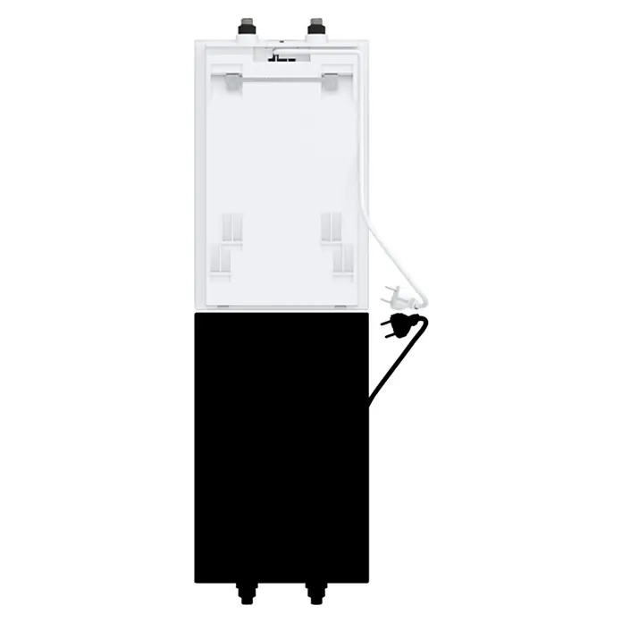 AEG Warmwasserspeicher KLE 5 U - 5 l, 2 kW, Niederdruck, Untertischmontage - Rückansicht eines weißen Geräts mit zwei USB-Anschlüssen und einem Stromkabel. Praktisches Design für einfache Konnektivität und Stromversorgung.
