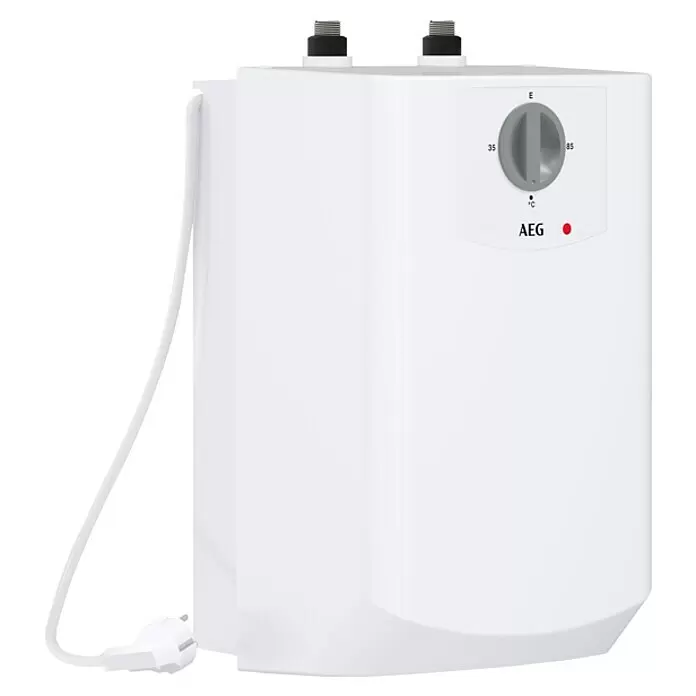 AEG Termo eléctrico KLE 5 U - 5 l, 2 kW, Baja presión, Montaje bajo mesa - Calentador de agua eléctrico blanco con regulador de temperatura, indicador de encendido y enchufe.