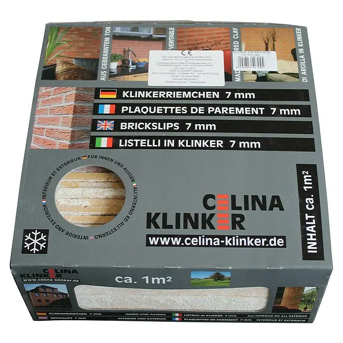 Celina Klinker Verblendstein Vintage Paris - 5,2 x 24 cm, Gelb/Weiß, Steinoptik - Karton mit Celina Klinker Riemchen, erhältlich in verschiedenen Ausführungen und für Innen- und Außenbereiche geeignet.