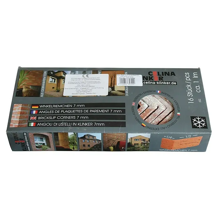 Celina Klinker Verblendstein-Ecke Vintage Brooklyn - 11,5 cm x 5,2 cm x 7 mm, Rot/Weiß, Steinoptik - Produktbild einer Packung Celina Klinker Eckwinkel mit dem Hinweis auf 16 Stück pro Packung und ca. 1 laufenden Meter.