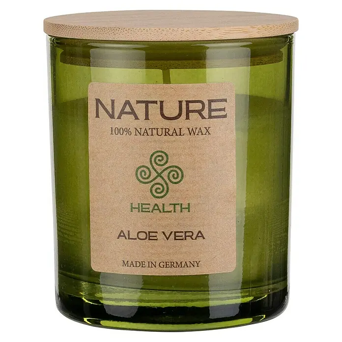 Duftkerze Sences of Nature - Im Glas, Aloe Vera, Ø x H: 7 x 8,5 cm - Naturkerze im grünen Glas mit Holzdeckel. Die Kerze mit Aloe Vera Duft besteht aus 100 % natürlichem Wachs und wurde in Deutschland hergestellt.