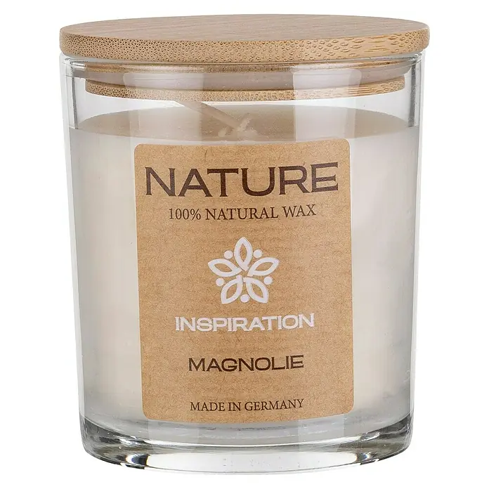 Duftkerze Sences of Nature - Im Glas, Magnolie, Ø x H: 7 x 8,5 cm - Naturkerze im Glas mit Holzdeckel. Die Kerze besteht aus 100 % natürlichem Wachs und hat den Duft Magnolie. Hergestellt in Deutschland.