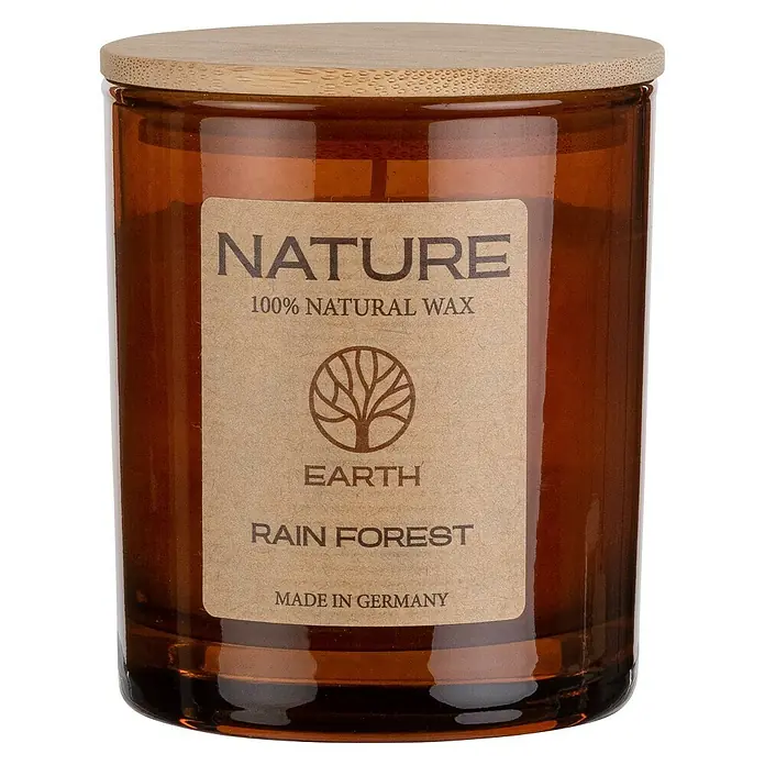 Duftkerze Sences of Nature - Im Glas, Rain Forest, Ø x H: 7 x 8,5 cm - Naturkerze im braunen Glas mit Holzdeckel, Duft nach Regenwald, aus 100 % natürlichem Wachs, hergestellt in Deutschland für ein harmonisches Ambiente.