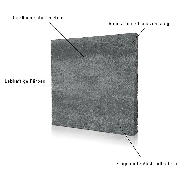 Terrassenplatte Saturn - 50 x 50 x 4 cm, Grau, Beton - Betonstein mit glatt melierter Oberfläche, lebhaften Farben, robust und strapazierfähig, mit eingebauten Abstandhaltern.