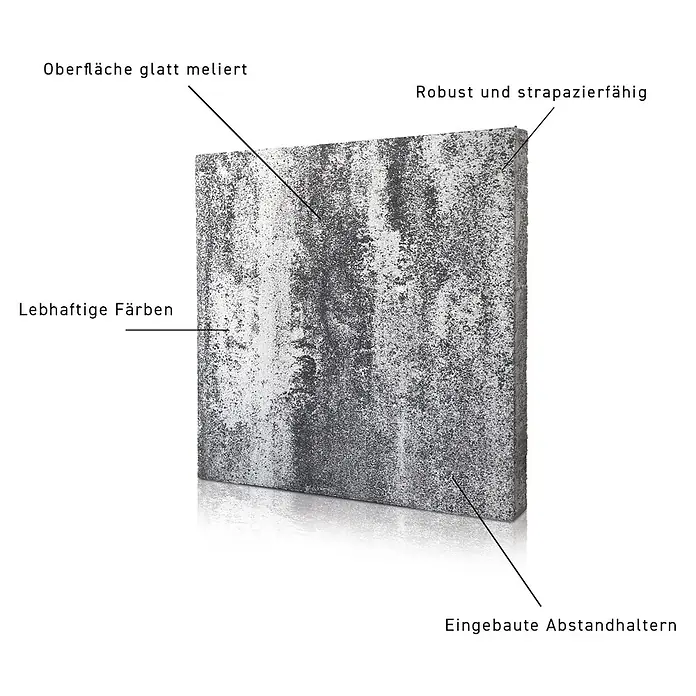 Terrassenplatte Saturn - 50 x 50 x 4 cm, Grau/Schwarz, Beton - Produktansicht eines robusten und strapazierfähigen Pflastersteins mit lebhaften Farben und glatt melierter Oberfläche, inklusive eingebauten Abstandhaltern.