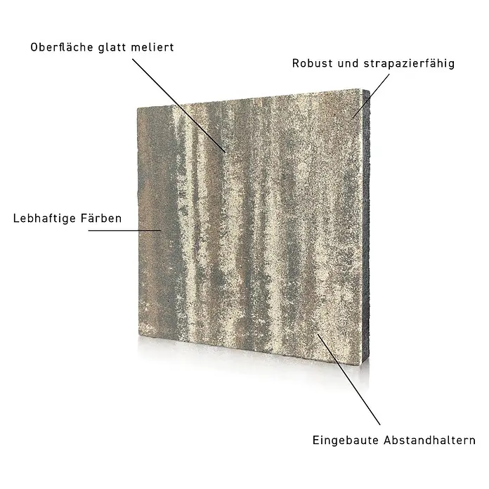 Terrassenplatte Saturn - 50 x 50 x 4 cm, Mediterran, Beton - Produktansicht eines Pflastersteins mit glatter, melierter Oberfläche, lebhaften Farben, robust und strapazierfähig, sowie eingebauten Abstandhaltern.