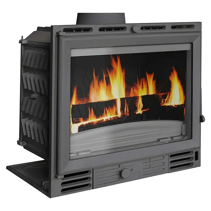Hogar de leña 600 - L x An x Al: 40,5 x 58 x 55 cm, 8 kW, 200 m³, Antracita - Primer plano de un inserto de chimenea moderno con leña ardiendo y panel de vidrio. El diseño oscuro de la chimenea es elegante.