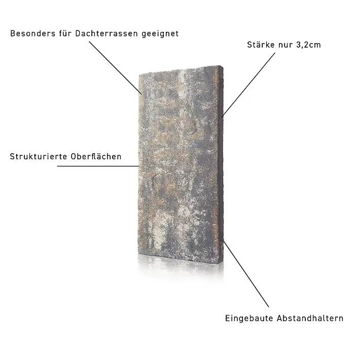 Terrassenplatte Latina - 48 x 24 x 3 cm, Muschelkalk, Beton - Produktdarstellung eines Terrassensteins mit strukturierter Oberfläche, geringer Stärke und eingebauten Abstandhaltern.