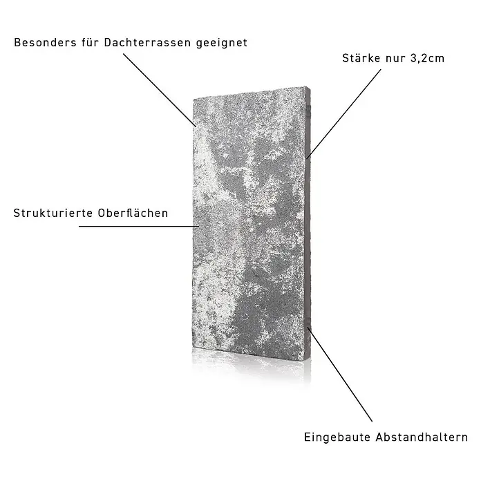 Terrassenplatte Latina - 48 x 24 x 3 cm, Grau/Schwarz, Beton - Bild einer Terrassenplatte mit strukturierter Oberfläche und geringer Stärke, ideal für Dachterrassen mit eingebauten Abstandhaltern.
