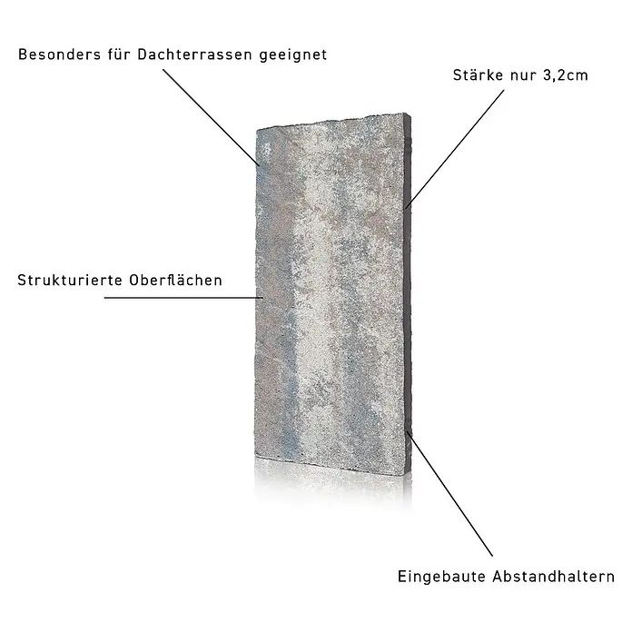 Terrassenplatte Latina - 48 x 24 x 3 cm, Mediterran, Beton - Produktbild mit Textbeschreibungen: Geeignet für Dachterrassen, strukturierte Oberfläche, Stärke 3,2 cm, eingebaute Abstandshalter.