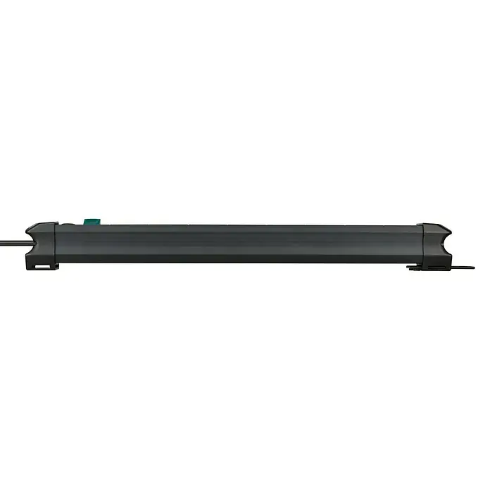 Brennenstuhl Premium-Line Steckdosenleiste - 6-fach, Schwarz, Kabellänge: 1,8 m, IP20, Mit Schalter - Nahaufnahme einer schlanken, schwarzen Power Bar, die durch ihr modernes und funktionales Design besticht. Ideal für jeden Arbeitsplatz.