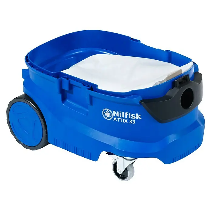 Nilfisk Elektro-Nass- & Trockensauger Attix 33-2M PC - 1.400 W, Behältervolumen: 30 l - Blauer Nilfisk ATTIX 33 Nass- und Trockensauger mit offenem Behälter und eingesetztem Staubbeutel.
