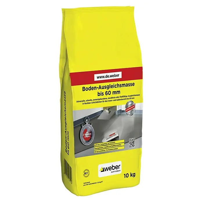 SG Weber Bodenausgleichsmasse - 10 kg, Schichtdicke: 1 mm - 60 mm - Sack Weber Bodenausgleichsmasse bis 60 mm, universell und schnell. Ideal für Innen- und Außenbereiche, 10 kg Gebinde.