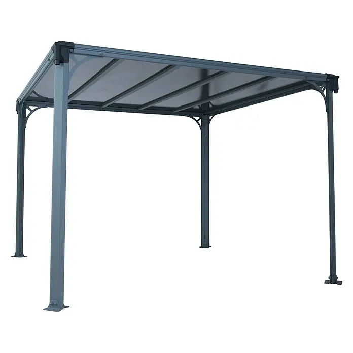Palram – Canopia Pérgola estándar con cortinas Martinique - An x Pr: 300 x 300 cm, Color del armazón: Antracita, Aluminio - Un gazebo gris con un techo y cuatro pilares de soporte.